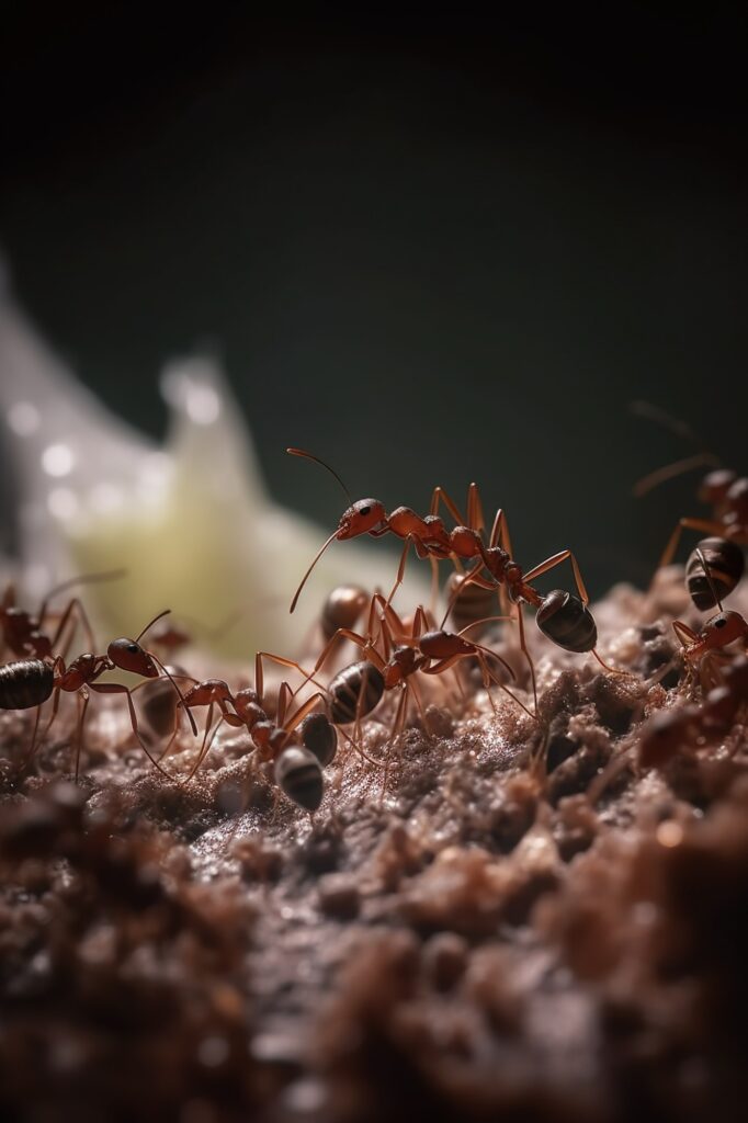 macro shot of several small ants colony